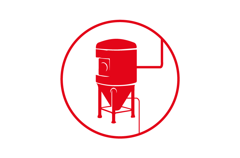 A red silhouette of a cylindrical drum on a stand with a side handle.