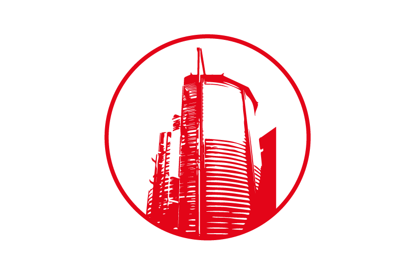 A red graphic of modern skyscrapers enclosed in a circle.
