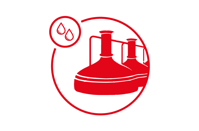 A red icon depicting a stylized laboratory flask with two droplets indicating chemical or lab research.