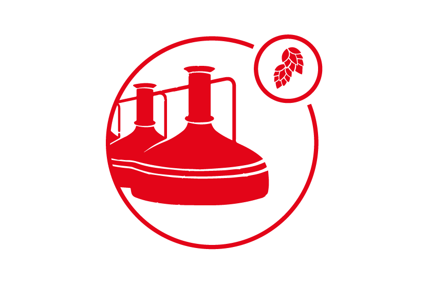 A red stylized icon displays a laboratory Bunsen burner connected to a flask with a pine cone symbol nearby.